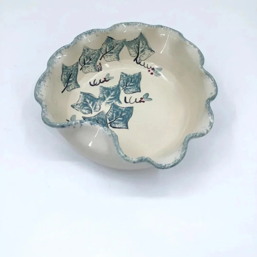 Vintage Abstract Studio Ceramic Ivy Holly Serving Bowl Artist Signed Green Red - Picture 4 of 15